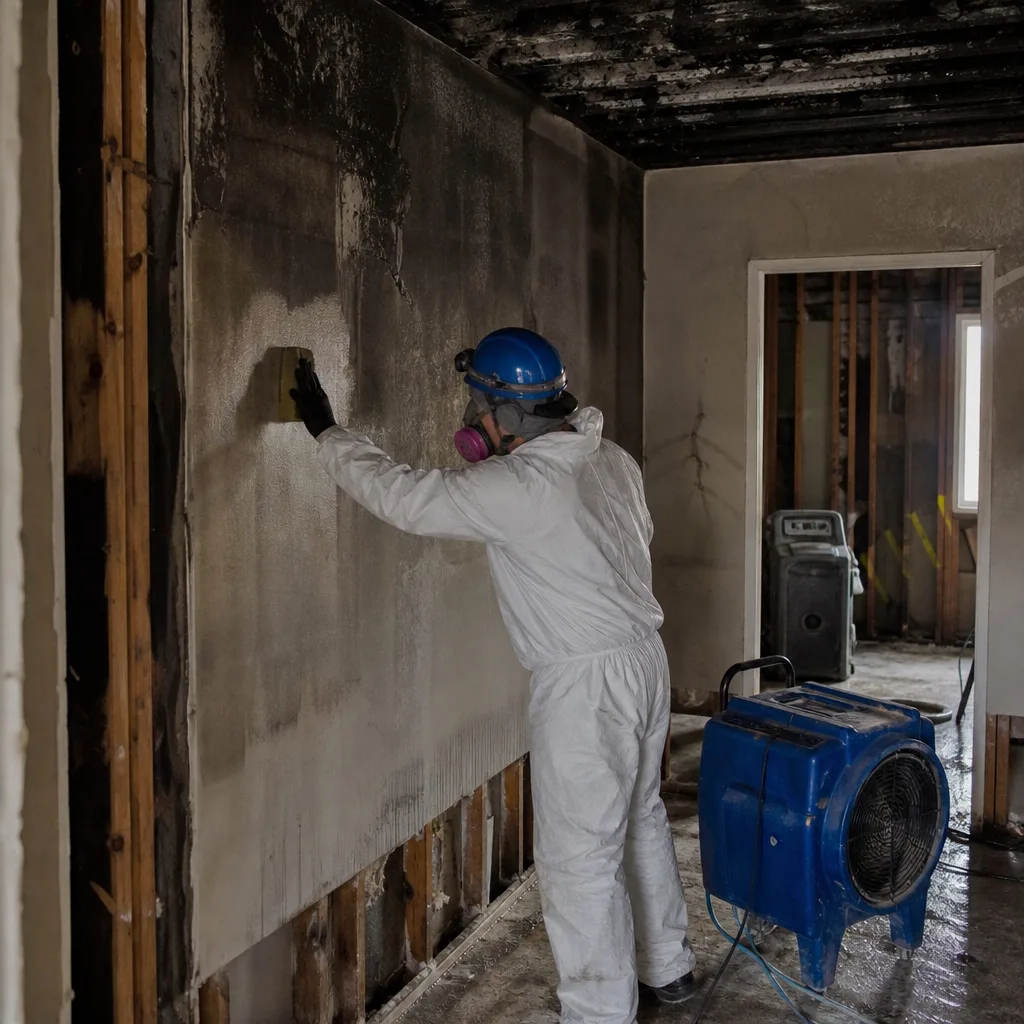 Technician in protective gear performing professional fire damage restoration on charred walls.