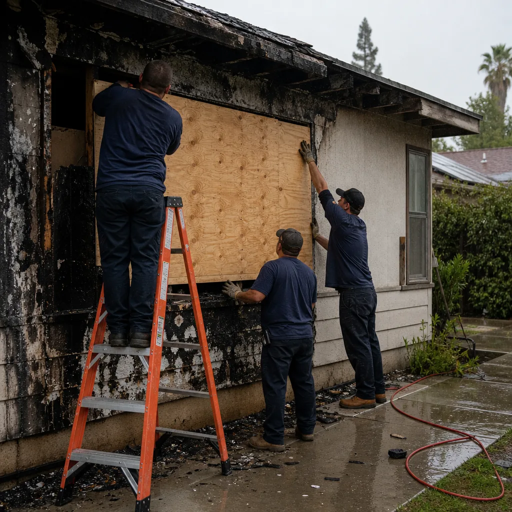 Restoration crew boarding up fire-damaged window on a residential home