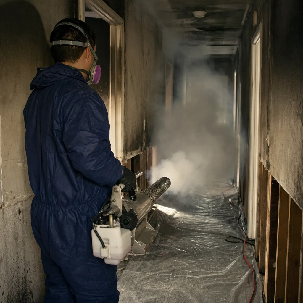 Technician performing fire damage odor removal and restoration in a home