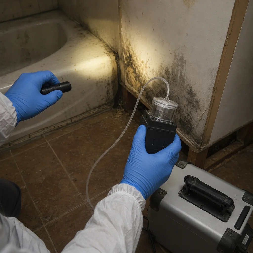 Professional mold inspector performing air quality testing in a damaged bathroom