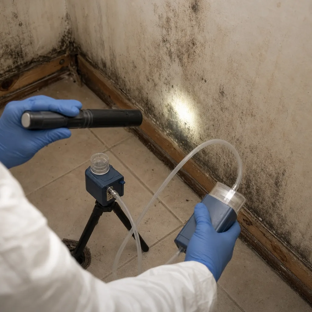 Technician using professional air testing equipment to inspect household mold growth