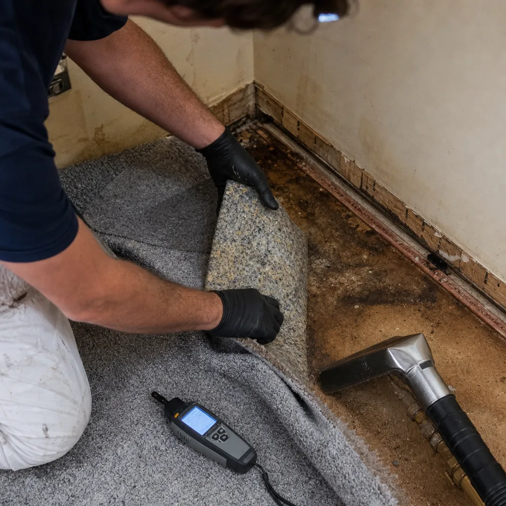 Water damage restoration technician using moisture meter on wet carpet